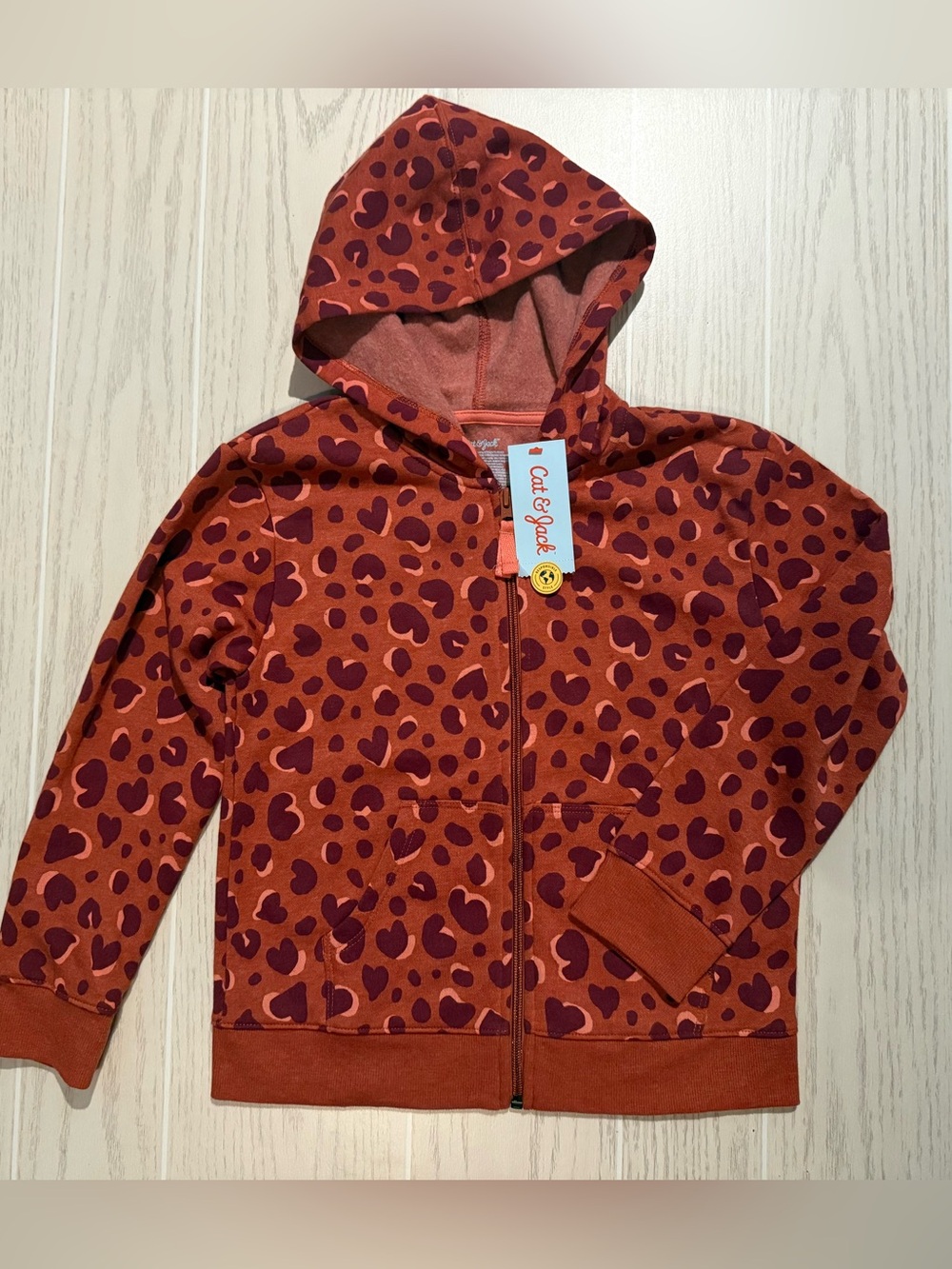 Cat & Jack Girls M 8/10 Brown Leopard Heart Print Zip Up Fleece Hoodie NWT